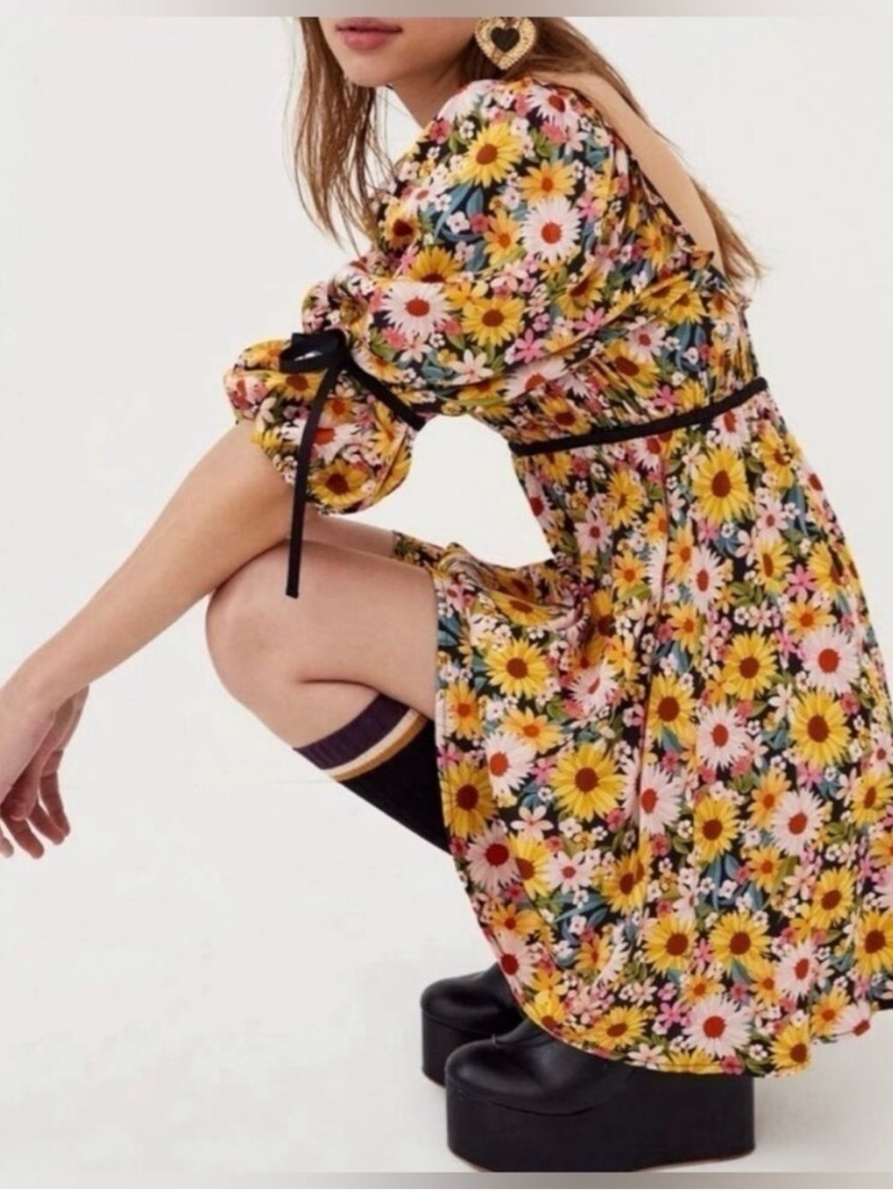For Love And Lemons Sylvia Yellow Floral Mini baby doll Dress small